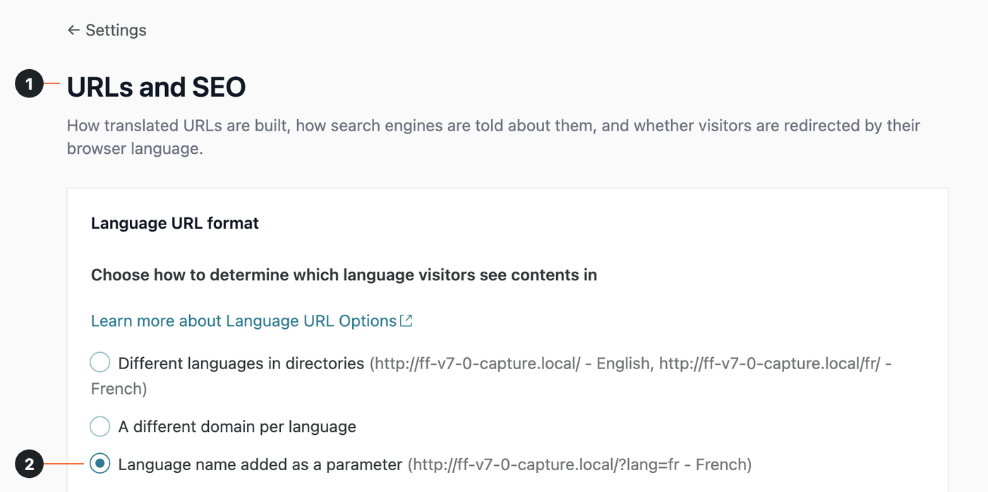 WPML Settings, URLs and SEO page (1): Language name added as a parameter selected under Language URL format (2) WPML Settings, URLs and SEO page (1): Language name added as a parameter selected under Language URL format (2)