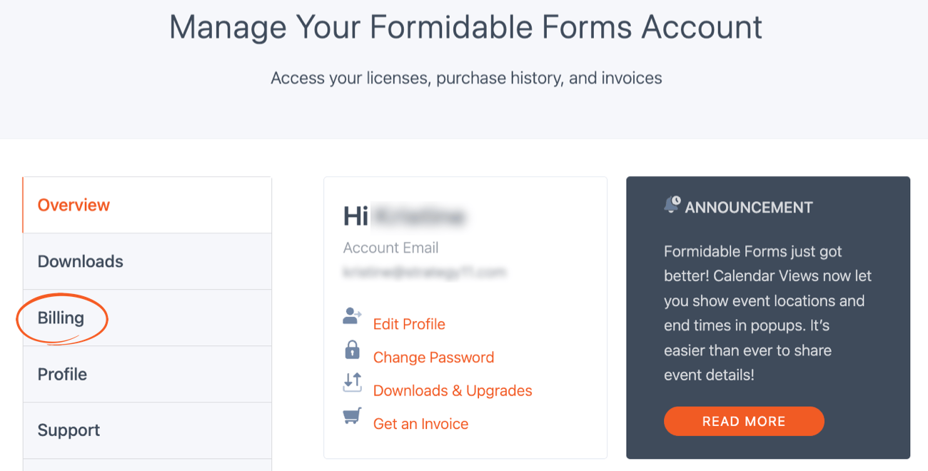 Access the account billing page