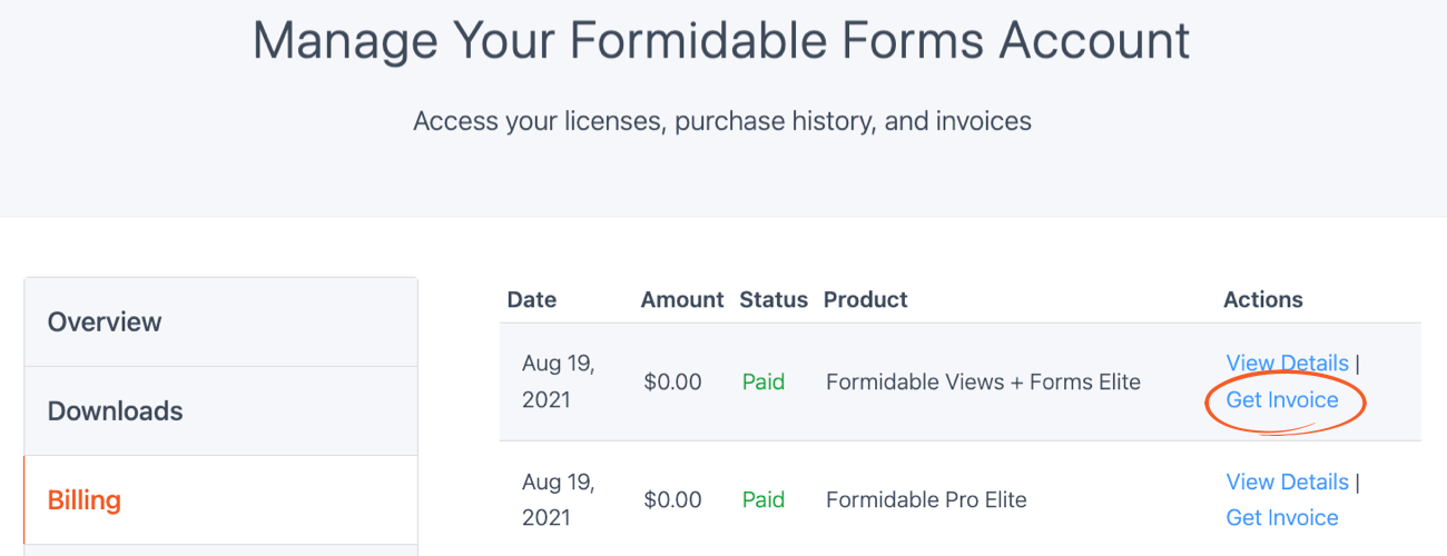 Get invoice from billing page