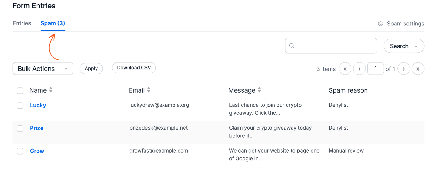Entry Spam Tab and Spam Reason Column