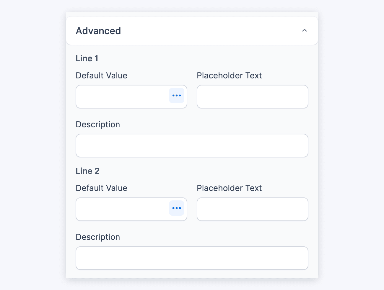 Address Field Options - Advanced section with Line 1 and Line 2 settings