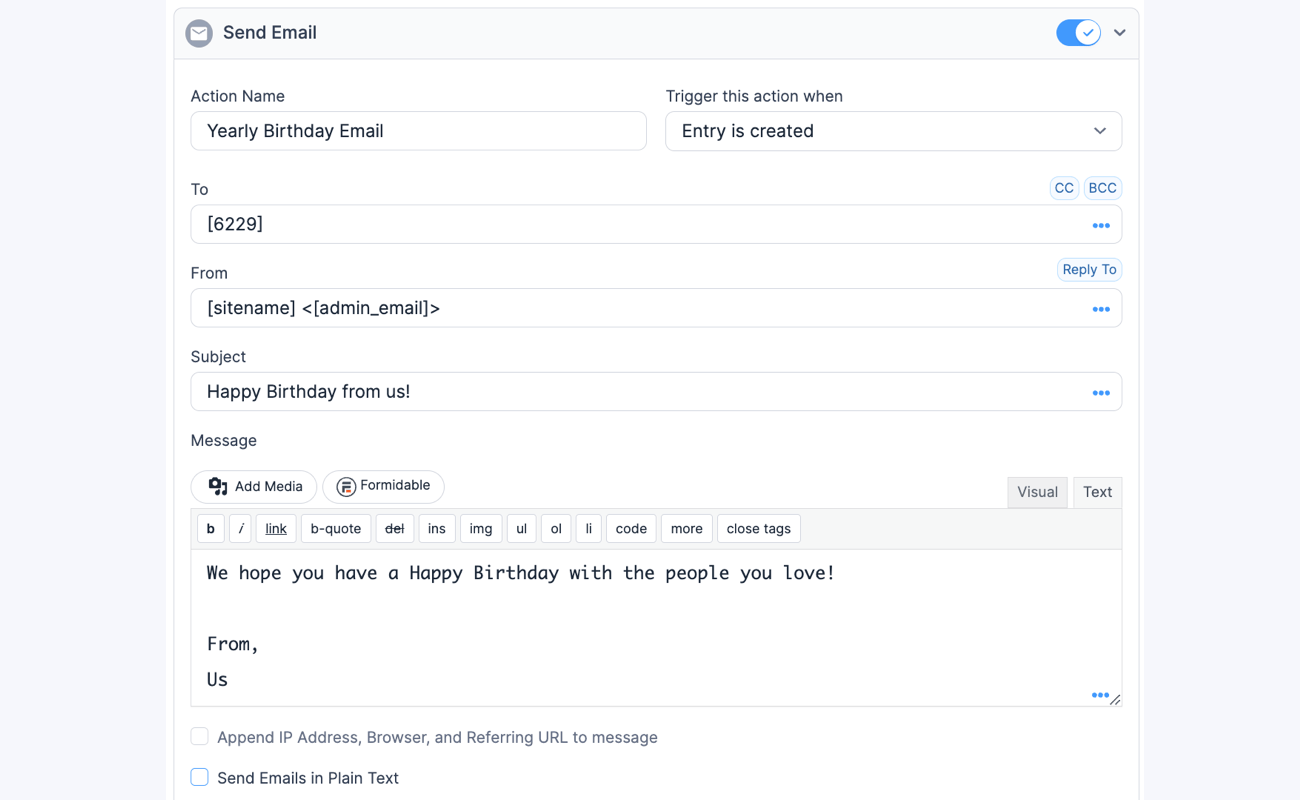 Yearly Form Action Automation Email