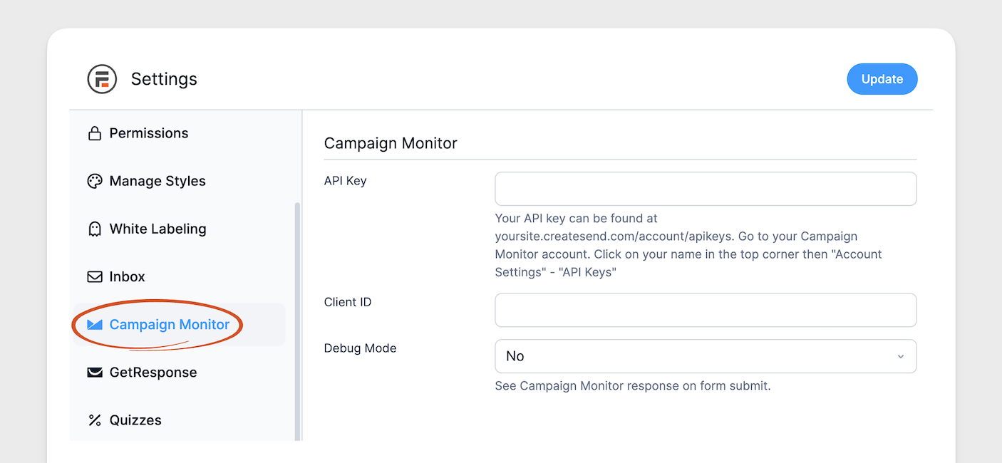 Formidable Campaign Monitor Forms API settings