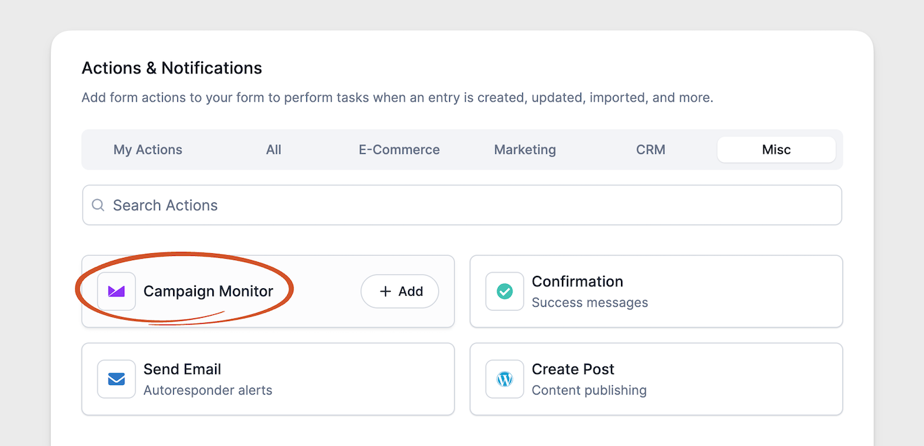 Select Campaign Monitor form action