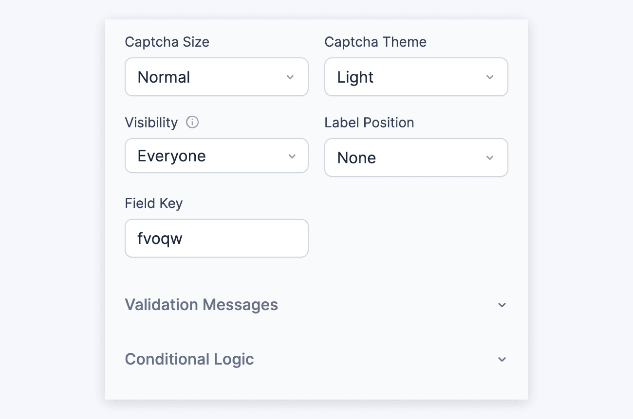 Captcha field options - Captcha Size, Captcha Theme, Visibility, Label Position and Field Key