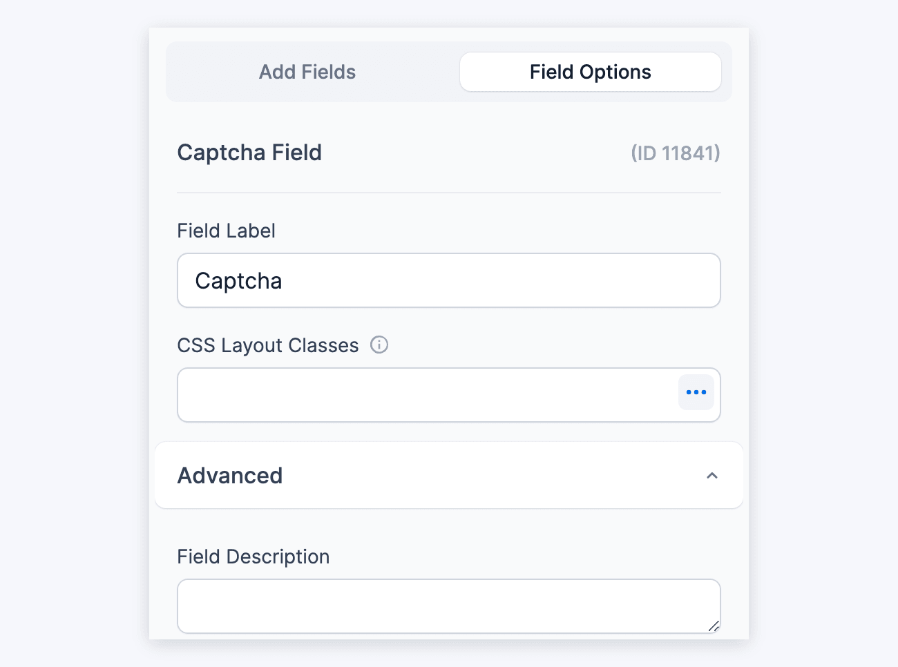 Captcha field options - Field Label, CSS Layout Classes and Field Description under Advanced