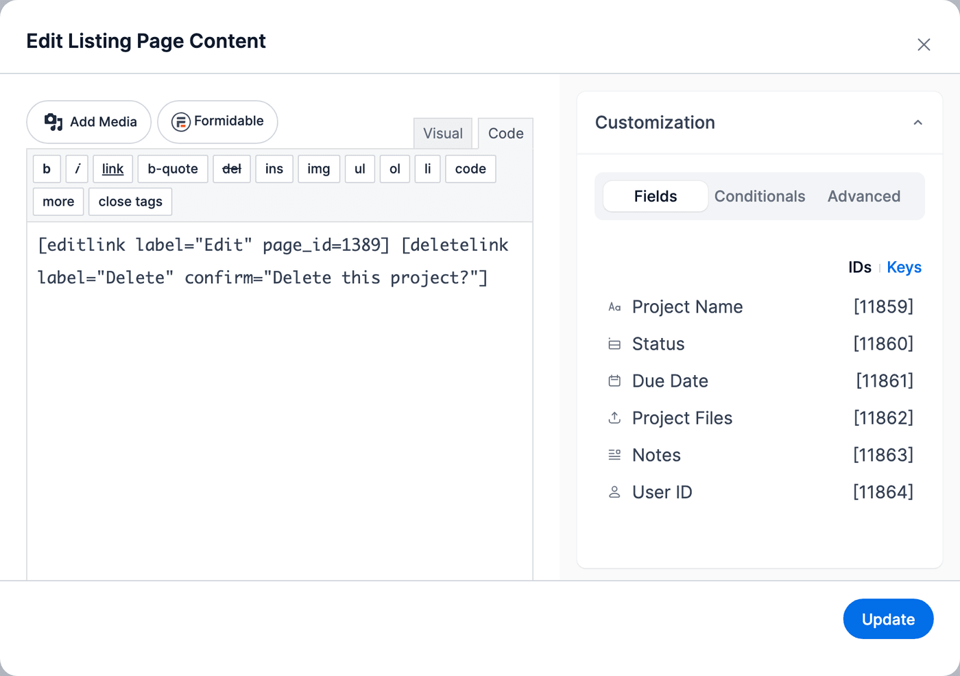 Client portal - Edit and Delete links in the Actions column