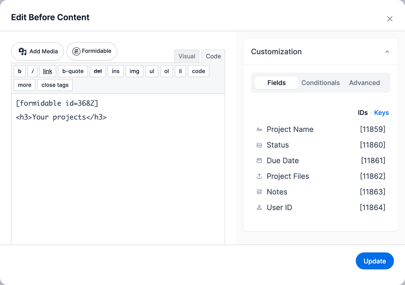 Client portal - Form shortcode in Before Content Client portal - Form shortcode in Before Content