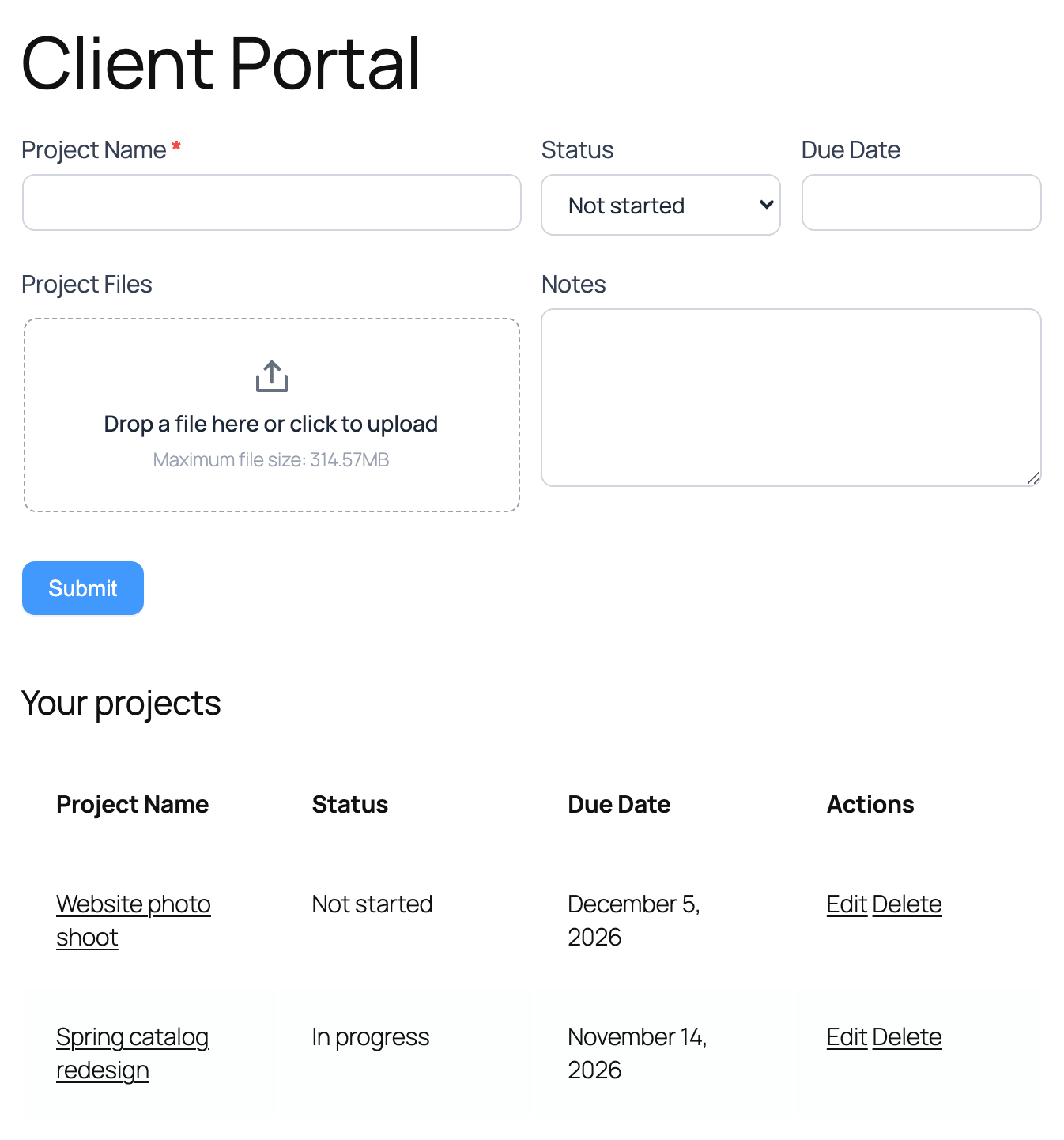 Client portal - Add form and the client's own projects