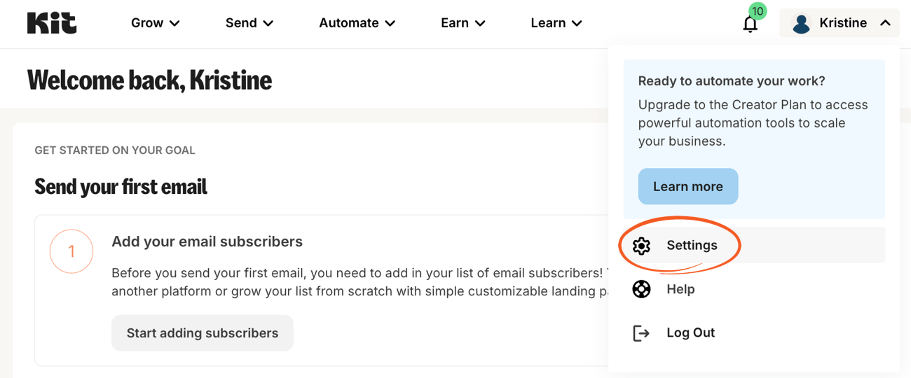 Access the ConvertKit Account settings