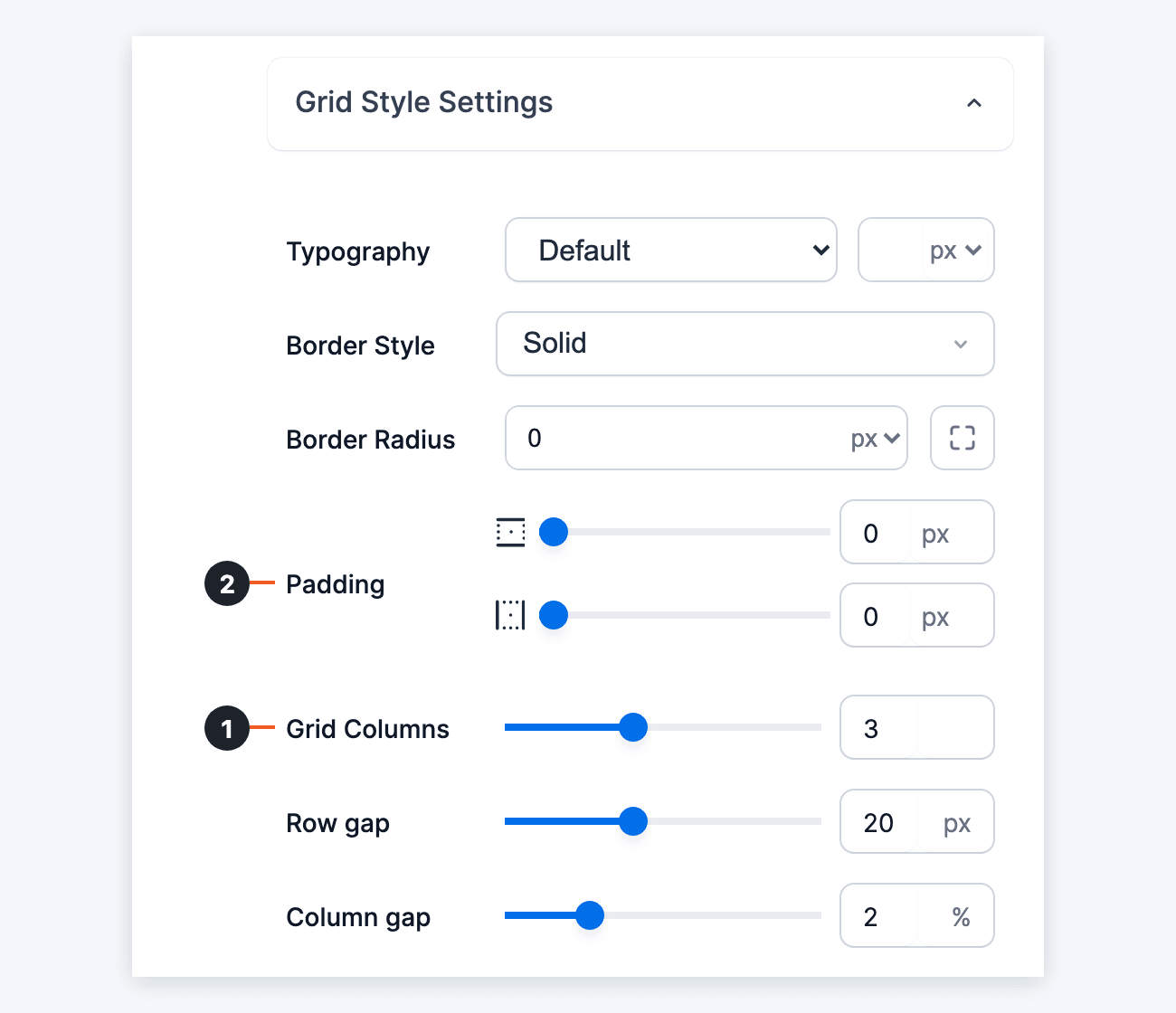 Grid Style Settings with Grid Columns set to 3 and both Padding boxes set to 0