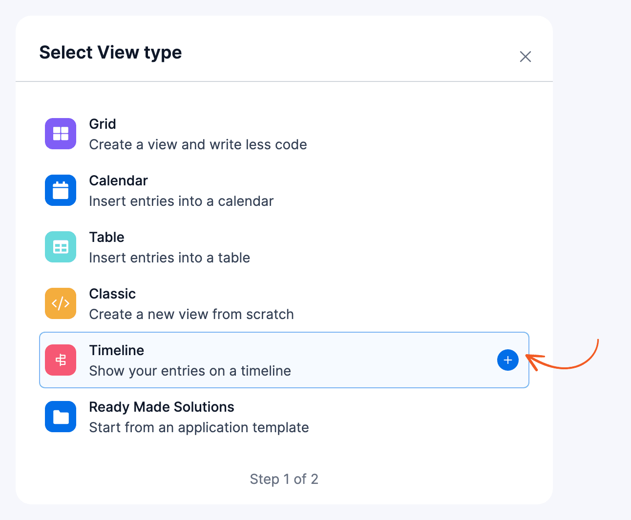 Select View type window with the + icon on the Timeline row