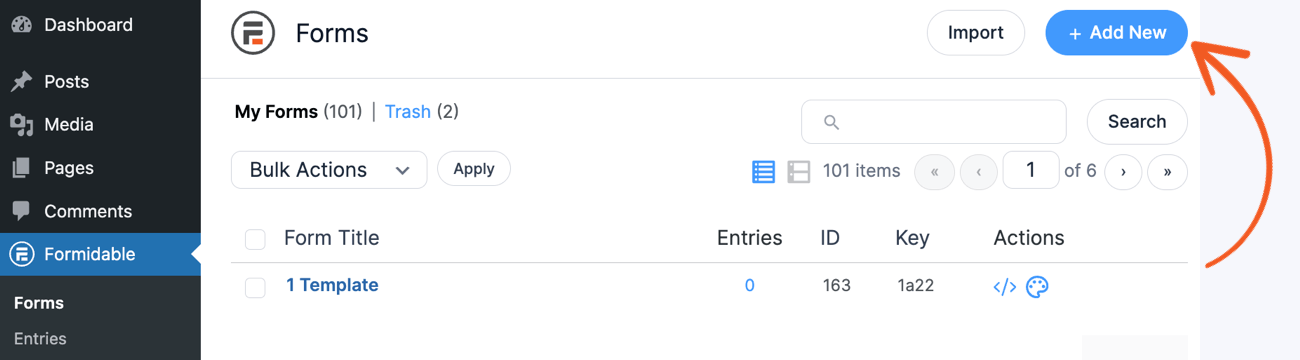 The add new button with a red arrow pointing at it in the Formidable Forms dashboard