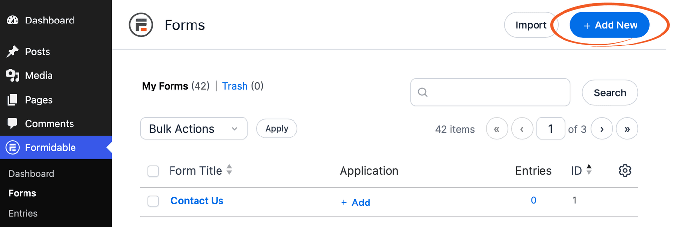 Create a form - Add New button on the Forms page Create a form - Add New button on the Forms page