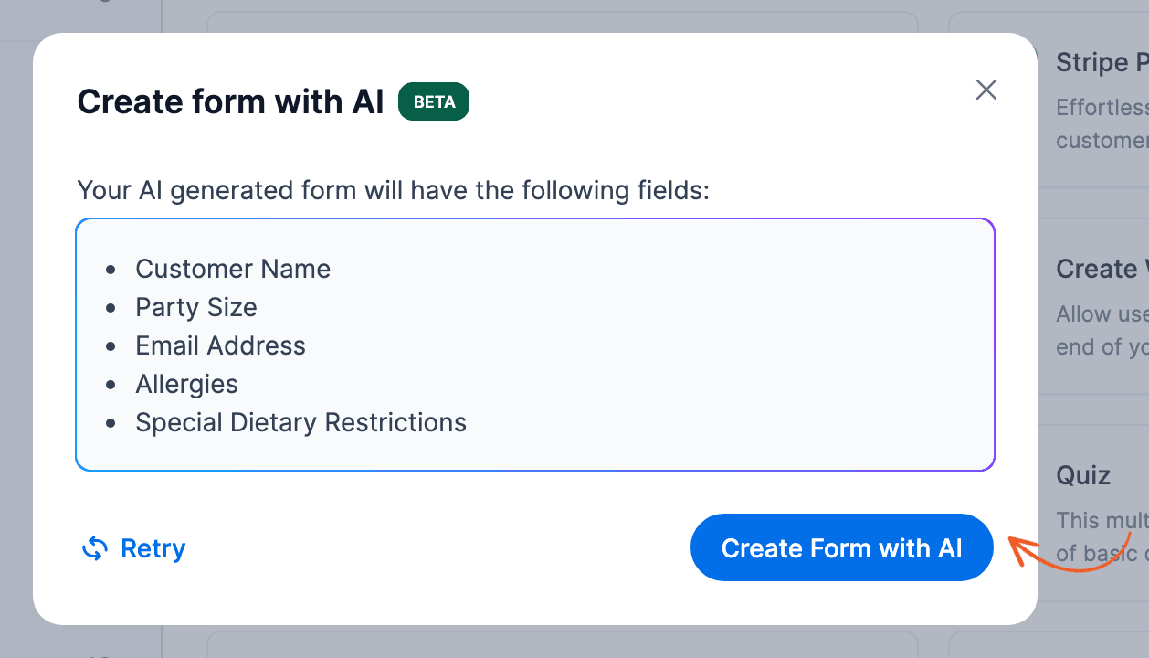 Create a form with AI button Create a form with AI button
