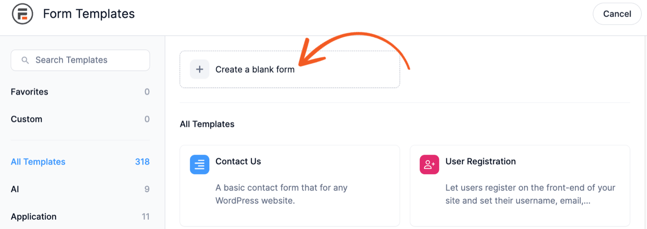 Formidable Form creation with a red arrow pointing to Create a blank form button