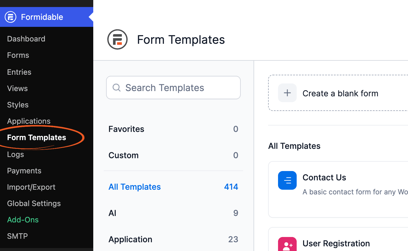 Create a form - Form Templates in the Formidable menu Create a form - Form Templates in the Formidable menu