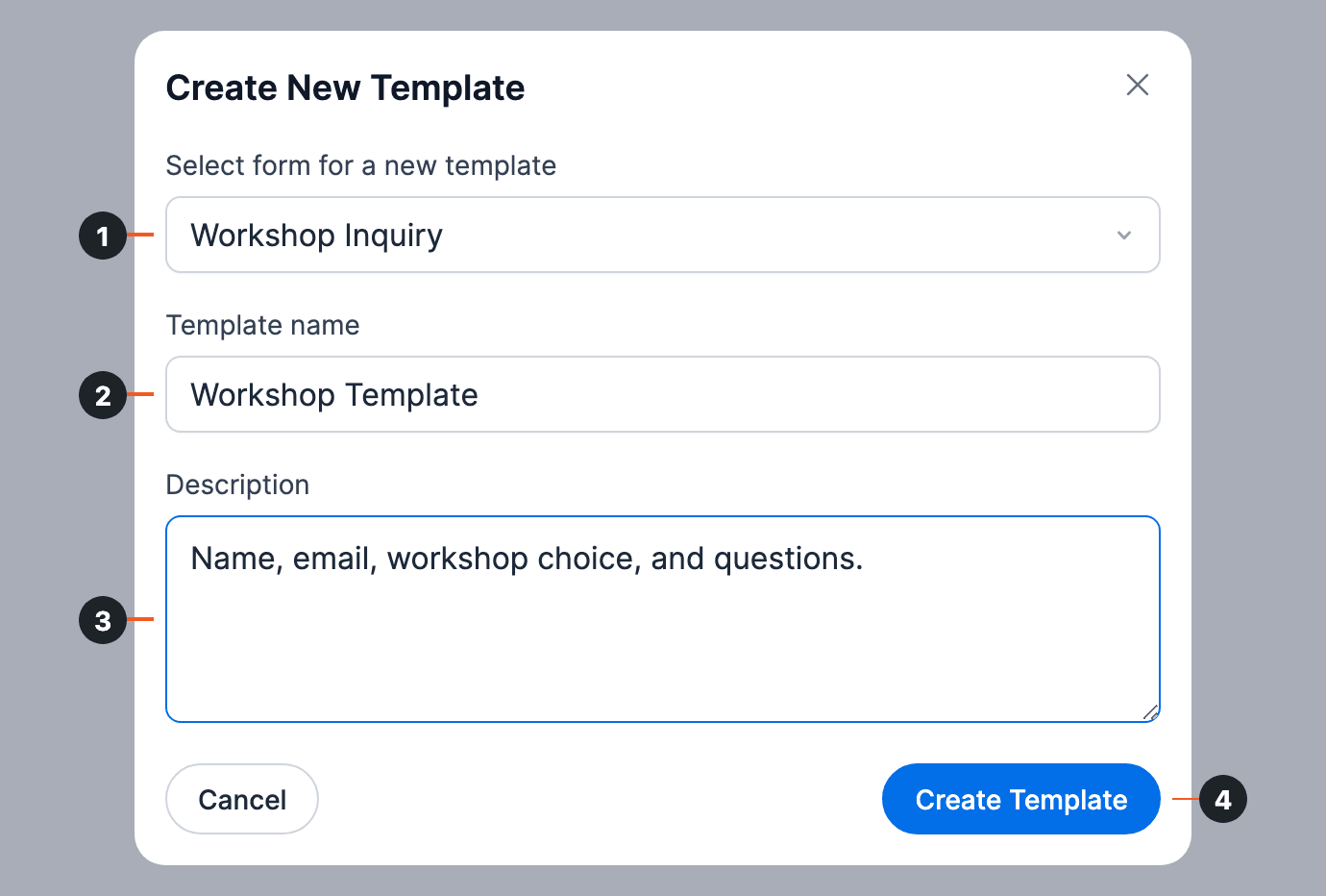 Create a form - Create New Template box Create a form - Create New Template box