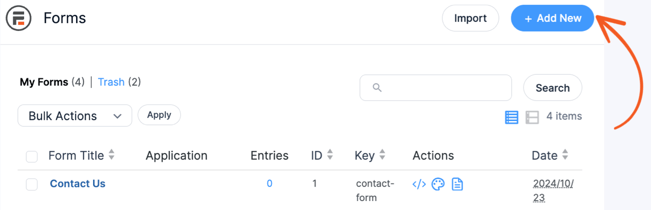 Add New button to create a form