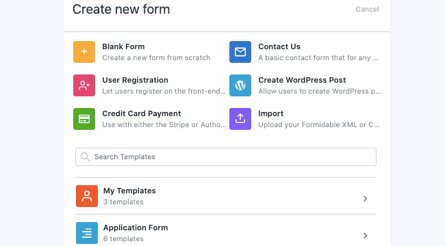 A few template choice options for a new form. This is an easy way to place fields side by side as they will already be pre-made.