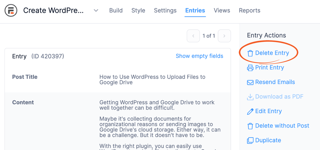 Delete Post and Entry from Wordpress