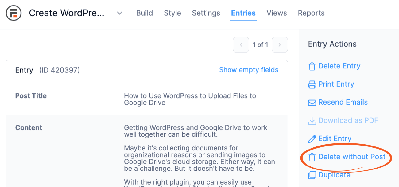 Delete entry without post
