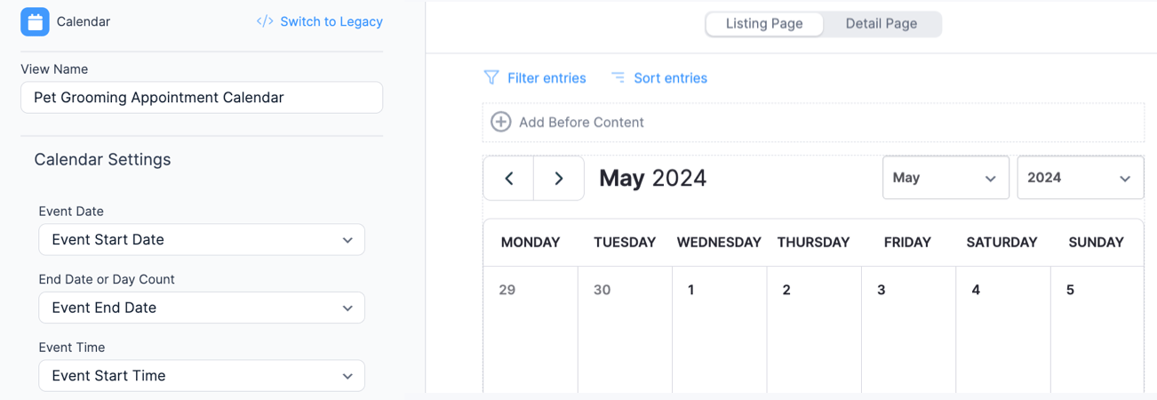 Calendar preview in the Visual Views editor