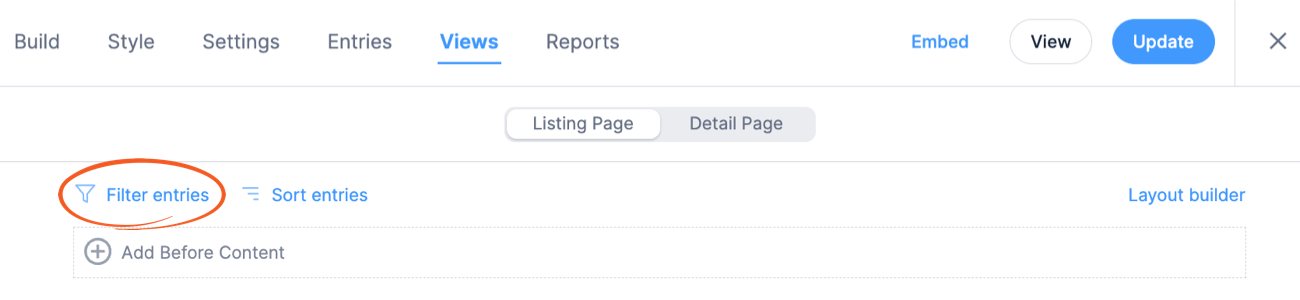 Create View Layout Filter Entries