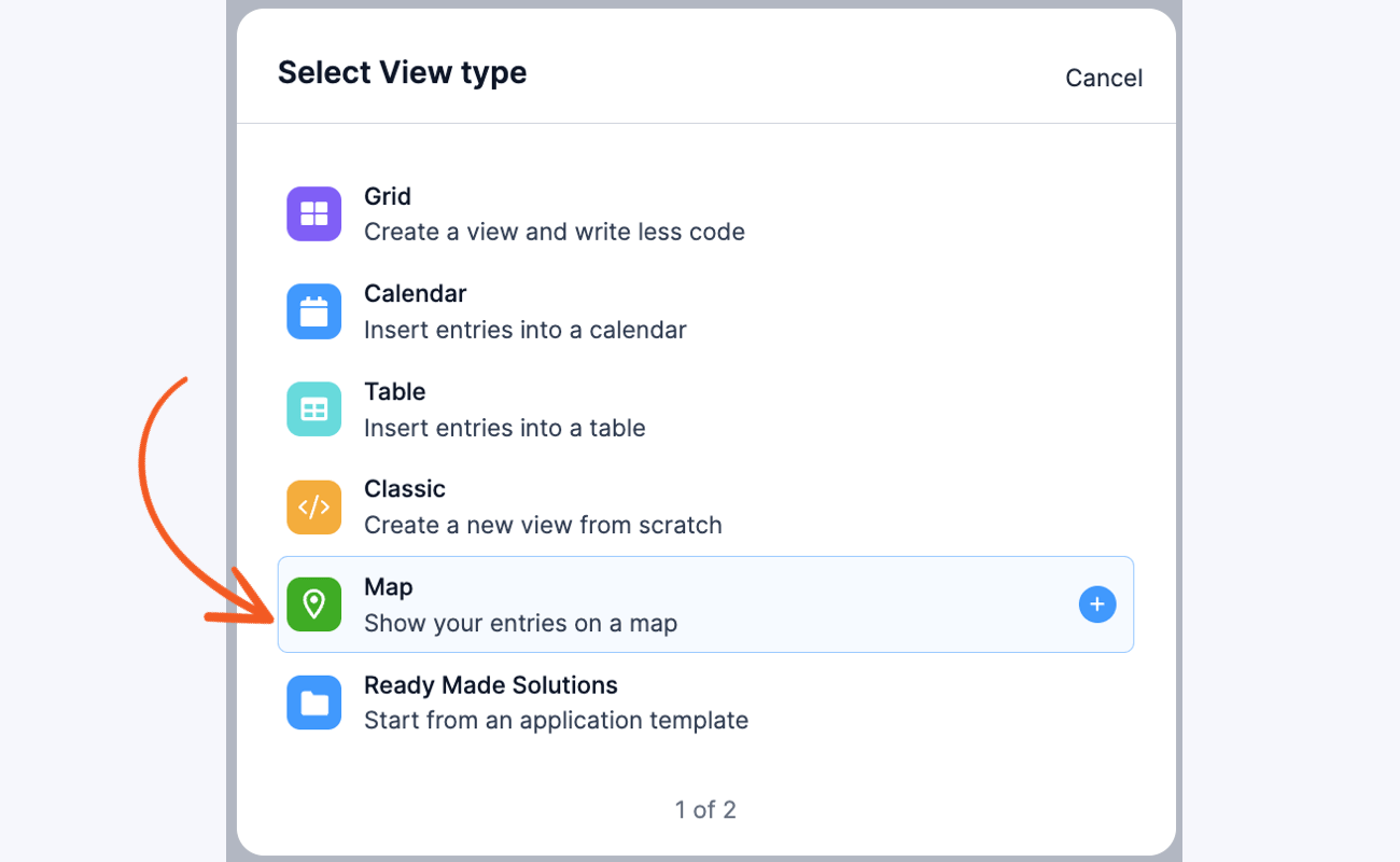 An arrow points to the Map view option in Formidable Forms