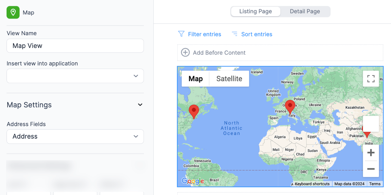 The Formidable Forms view editor with an example map display