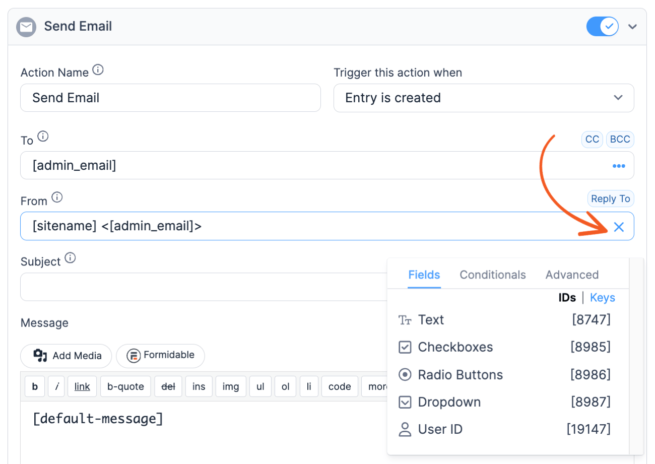 Customization Panel Modal Form Actions
