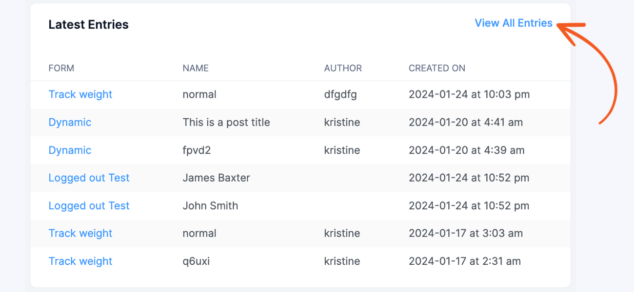 A dashboard with a table of the latest submitted entries