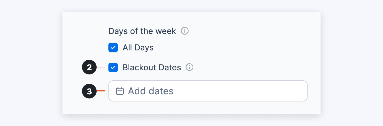 Datepicker options - Blackout Dates checked and the Add dates box below it
