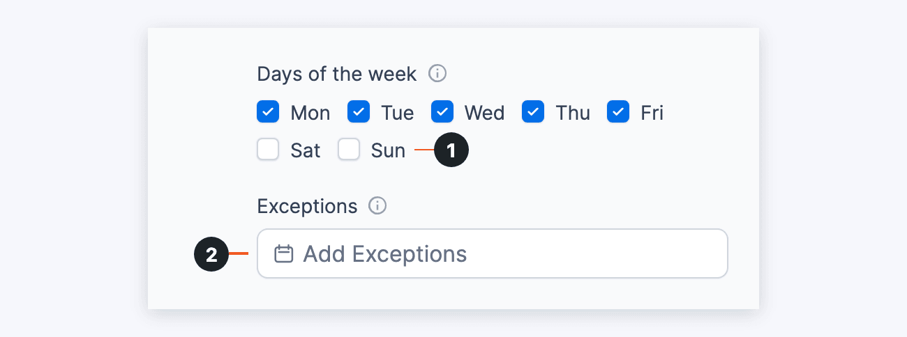 Datepicker options - Days of the week with Saturday and Sunday unchecked, and the Exceptions box with Add Exceptions