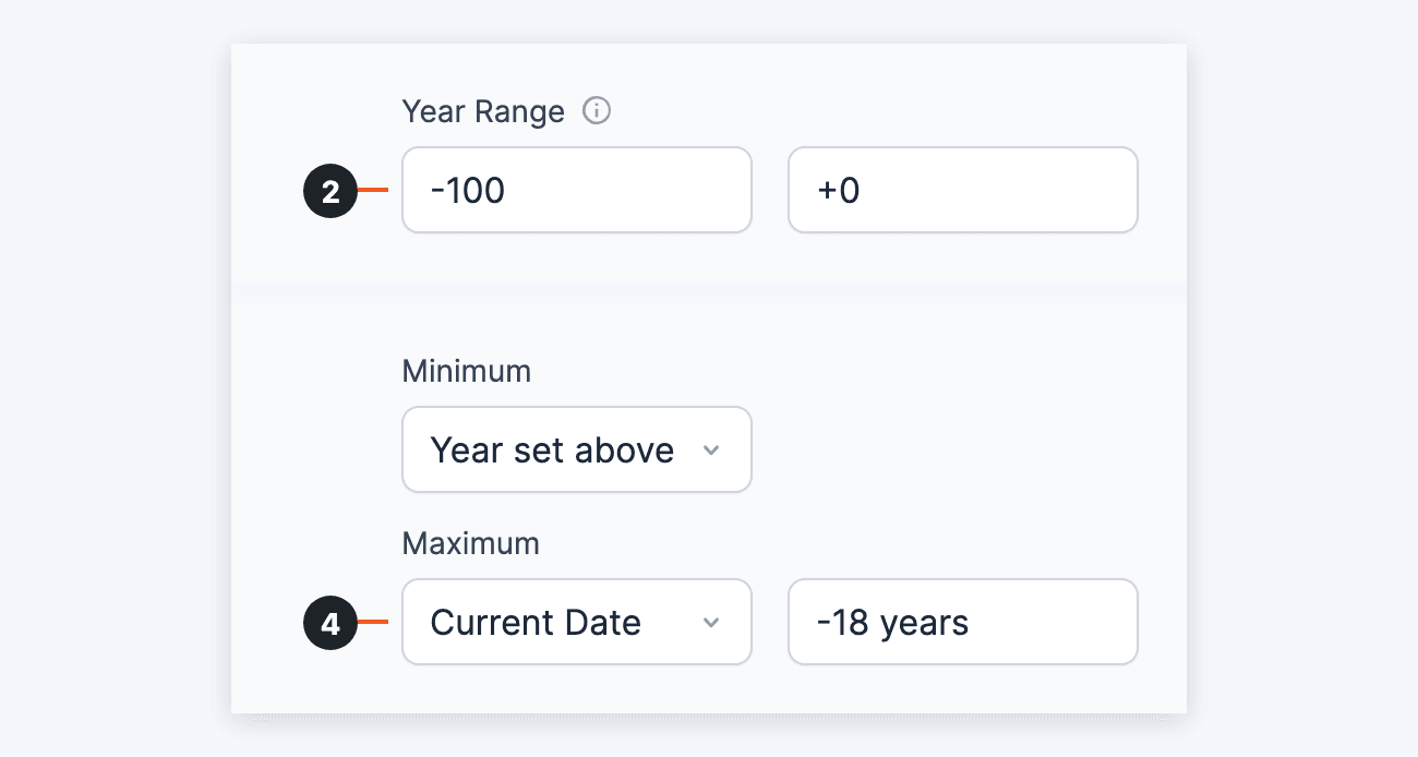 Datepicker options - Year Range set to -100 and +0, Minimum left at Year set above, and Maximum set to Current Date -18 years