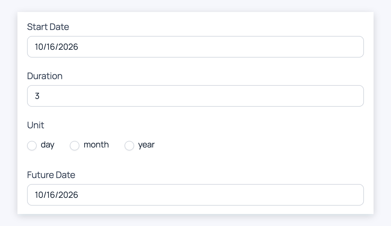 Datepicker Options - Future Date updating as the day, month and year units are picked for a start date and a duration of 3 Datepicker Options - Future Date updating as the day, month and year units are picked for a start date and a duration of 3