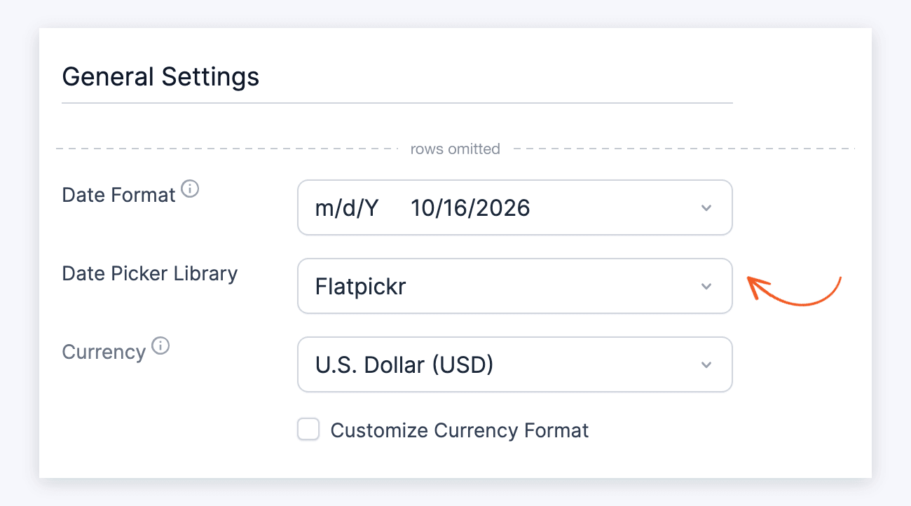 Datepicker Options - Flatpickr selected as the Date Picker Library