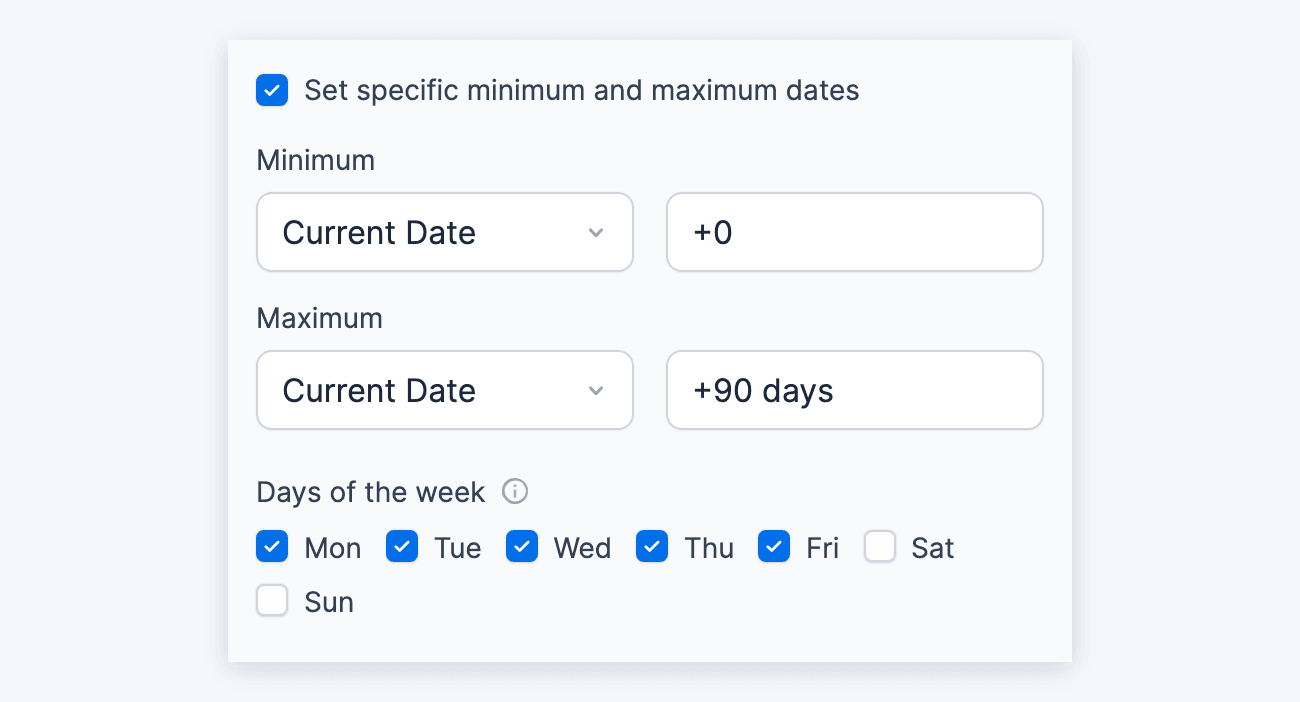 Datepicker options - Set specific minimum and maximum dates checked, Minimum and Maximum set to Current Date, and Days of the week with Saturday and Sunday unchecked