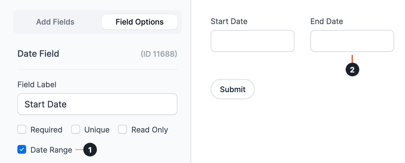 Datepicker Options - Date Range checked in the Field Options (1), End Date field added next to Start Date on the form (2)