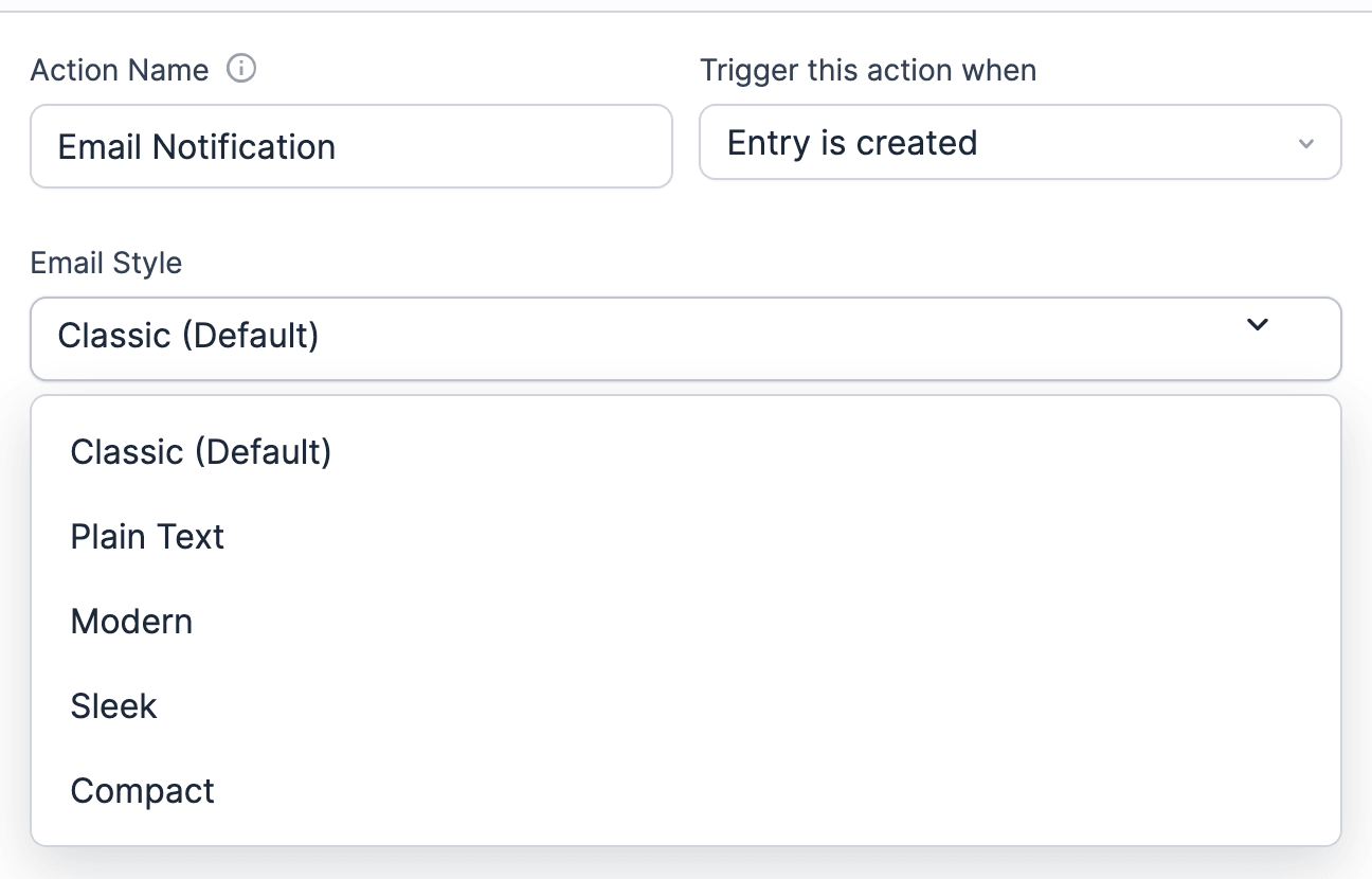 Email Notification - Email Style dropdown open with the Classic, Plain Text, Modern, Sleek, and Compact styles Email Notification - Email Style dropdown open with the Classic, Plain Text, Modern, Sleek, and Compact styles