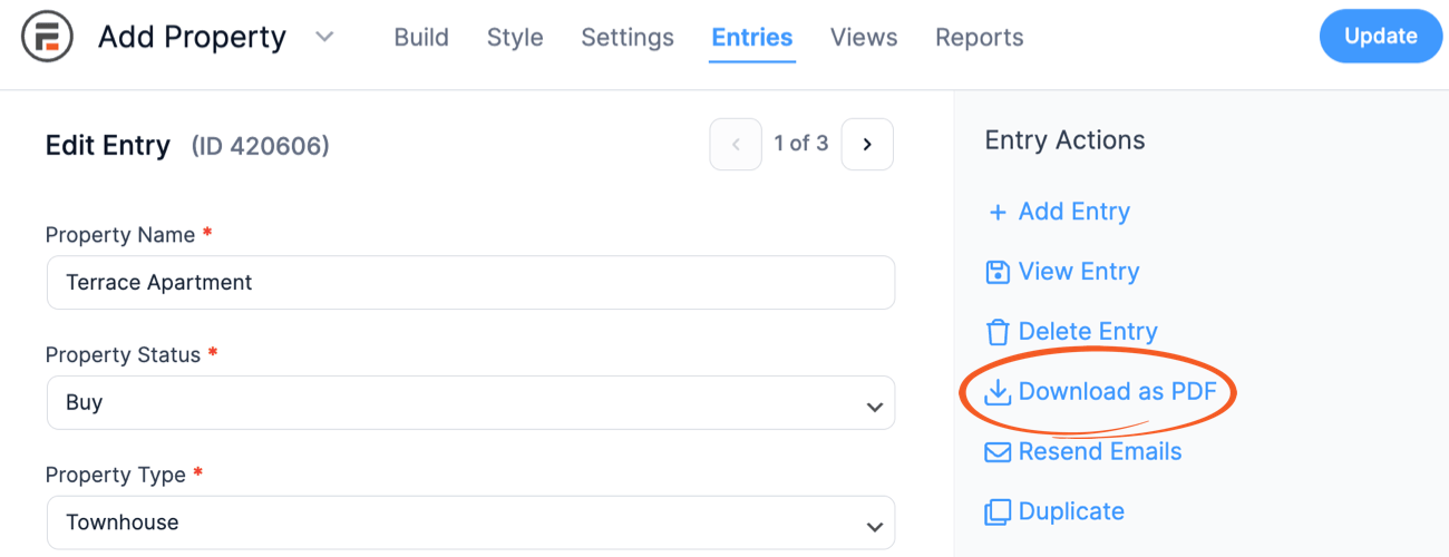 Download entry as PDF link in Entry Actions Download entry as PDF link in Entry Actions