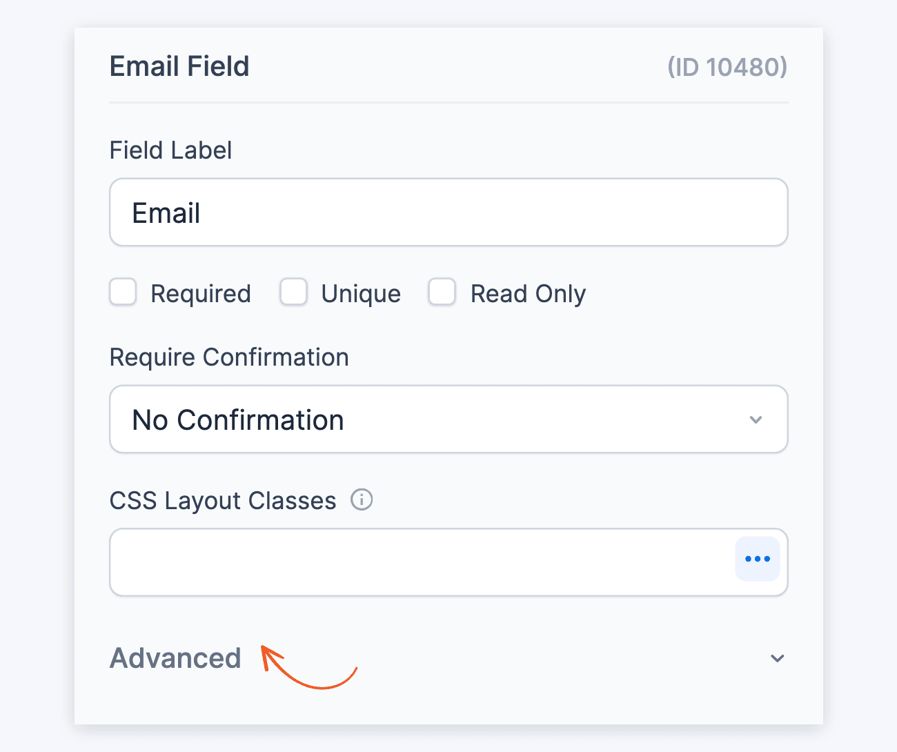 Email Field Options - Field Label to CSS Layout Classes, with an arrow on the collapsed Advanced section Email Field Options - Field Label to CSS Layout Classes, with an arrow on the collapsed Advanced section