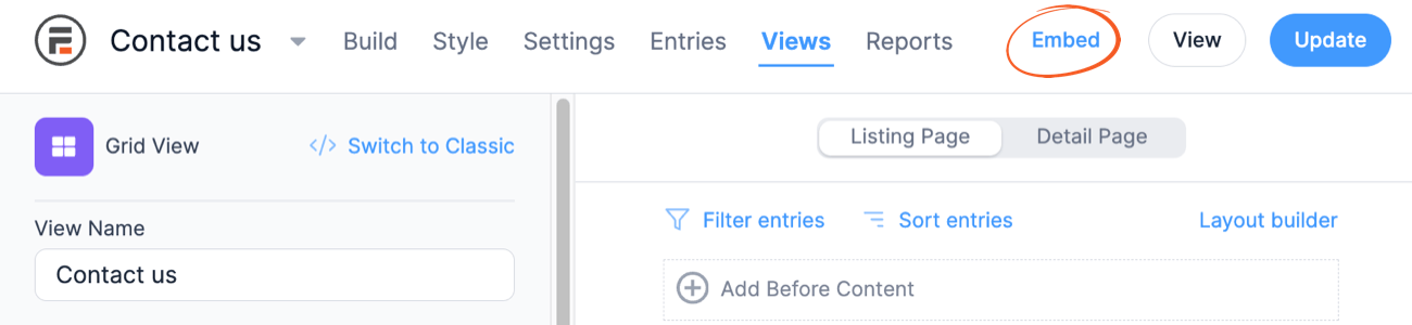 Embed View Modal Button