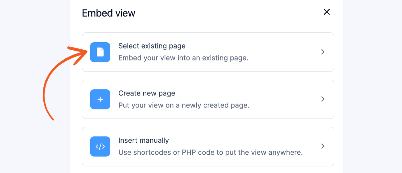 Embed View Modal Select Existing Page