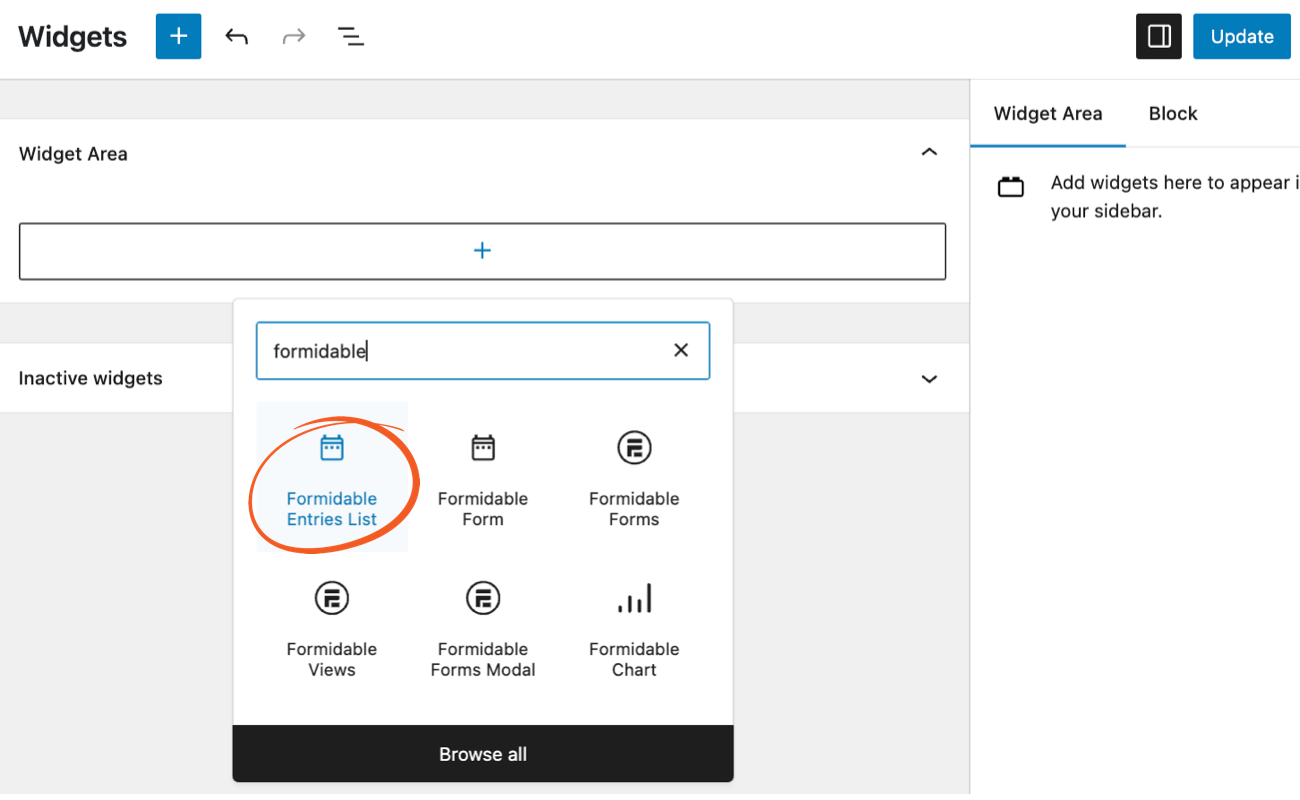 Insert Formidable Entries List Widget block