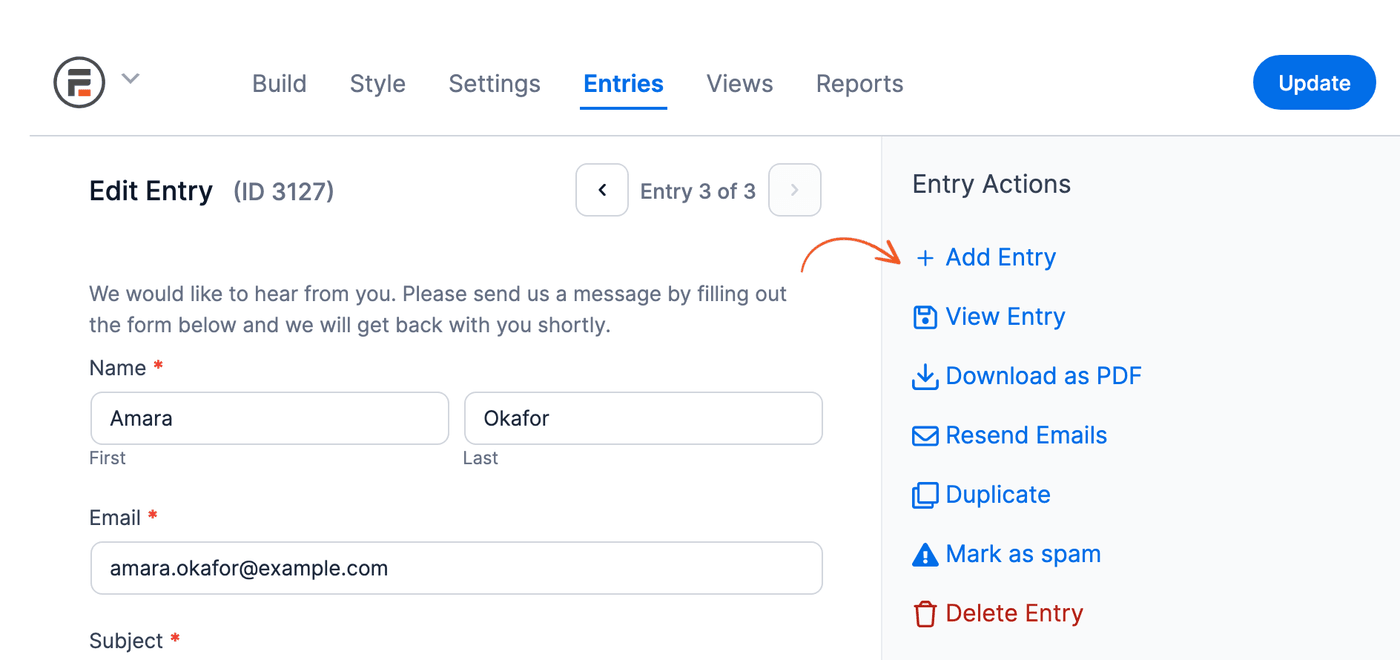 Entry Add Entry in the Entry Actions sidebar Entry Add Entry in the Entry Actions sidebar