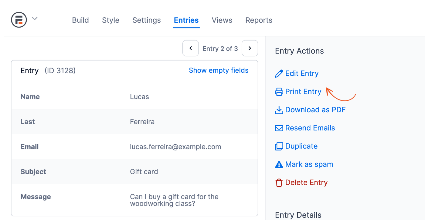 View Entry screen with an arrow on Print Entry in the Entry Actions sidebar View Entry screen with an arrow on Print Entry in the Entry Actions sidebar