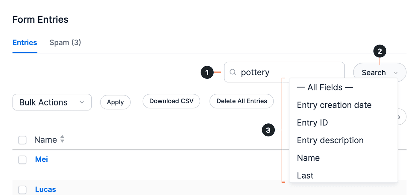 Search box, Search button, and the open field menu, numbered 1 to 3 Search box, Search button, and the open field menu, numbered 1 to 3