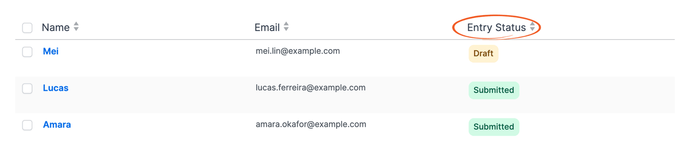 Entry Status Column header in the entries list Entry Status Column header in the entries list