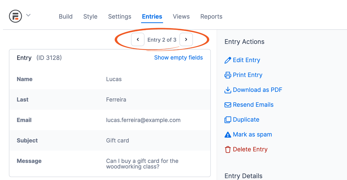 View Entry screen with the entry arrows and Entry 2 of 3 circled View Entry screen with the entry arrows and Entry 2 of 3 circled